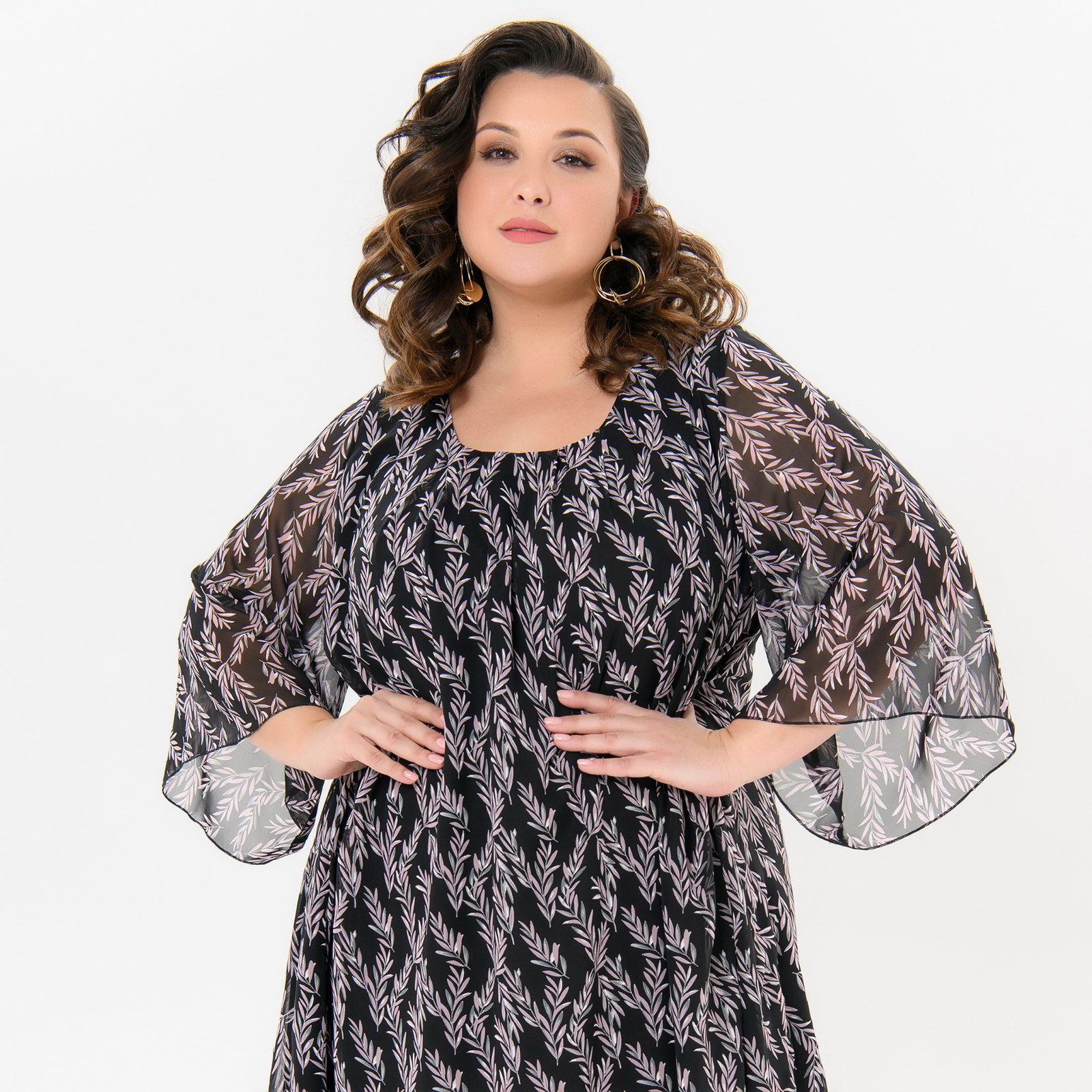 Платье силуэта трапеция, шифон черный, принт