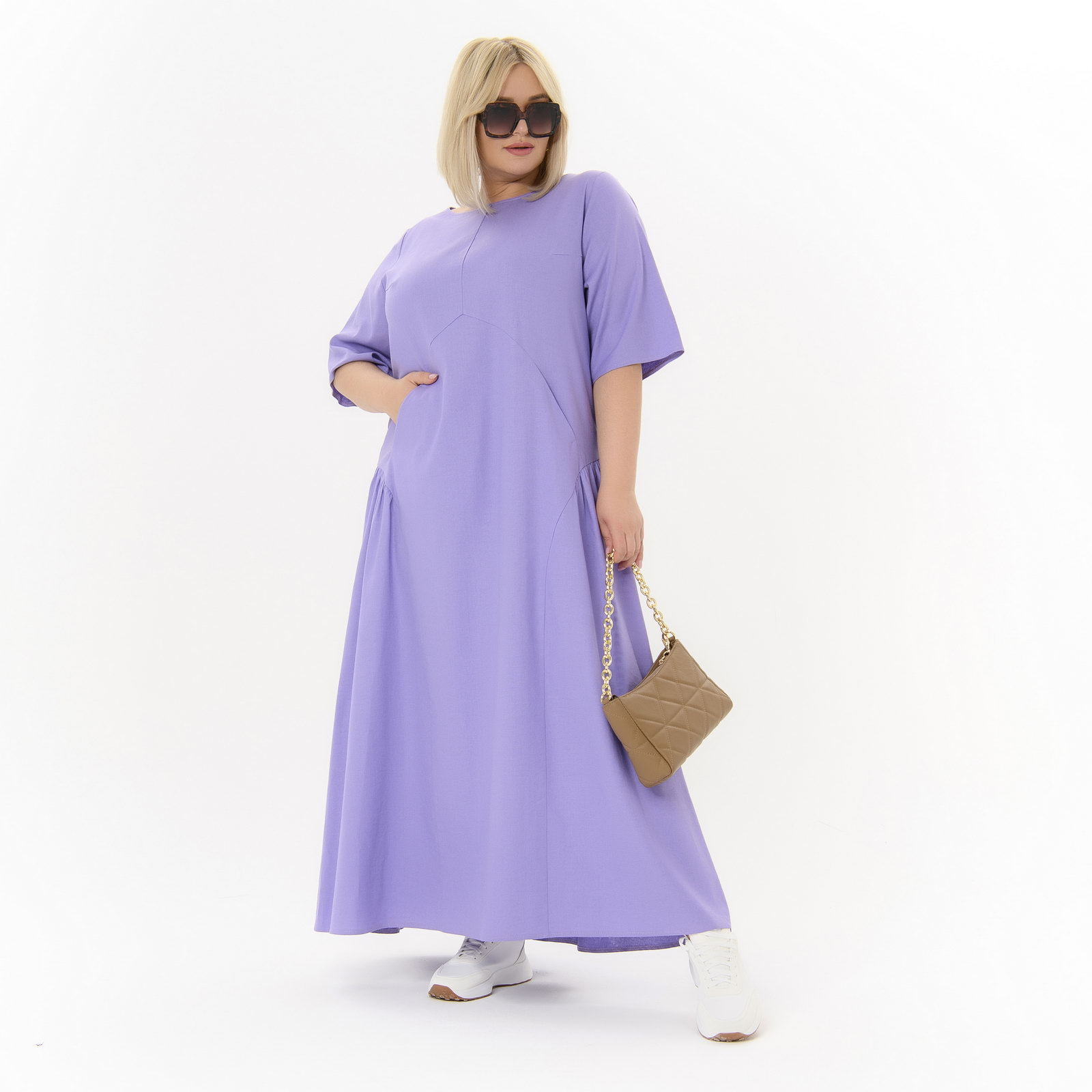 Платье длинное из льна, цвет лавандовый