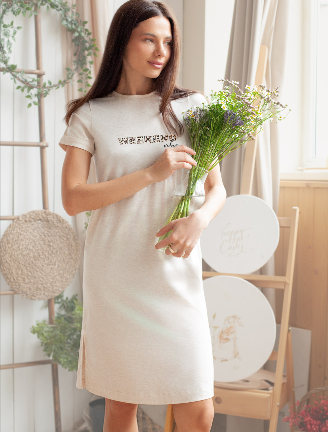 Ст.цена 1690р Платье из премиального хлопка с авторским принтом D42.114 бежевый меланж_weekend_vibes