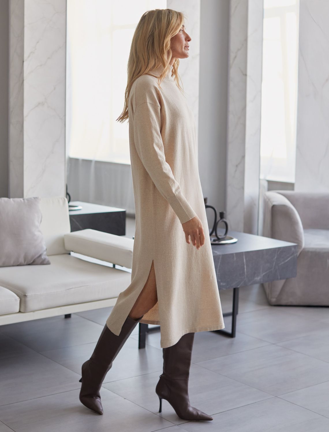 Платье тонкой вязки из хлопка с нейлоном D32.106 бежевый меланж