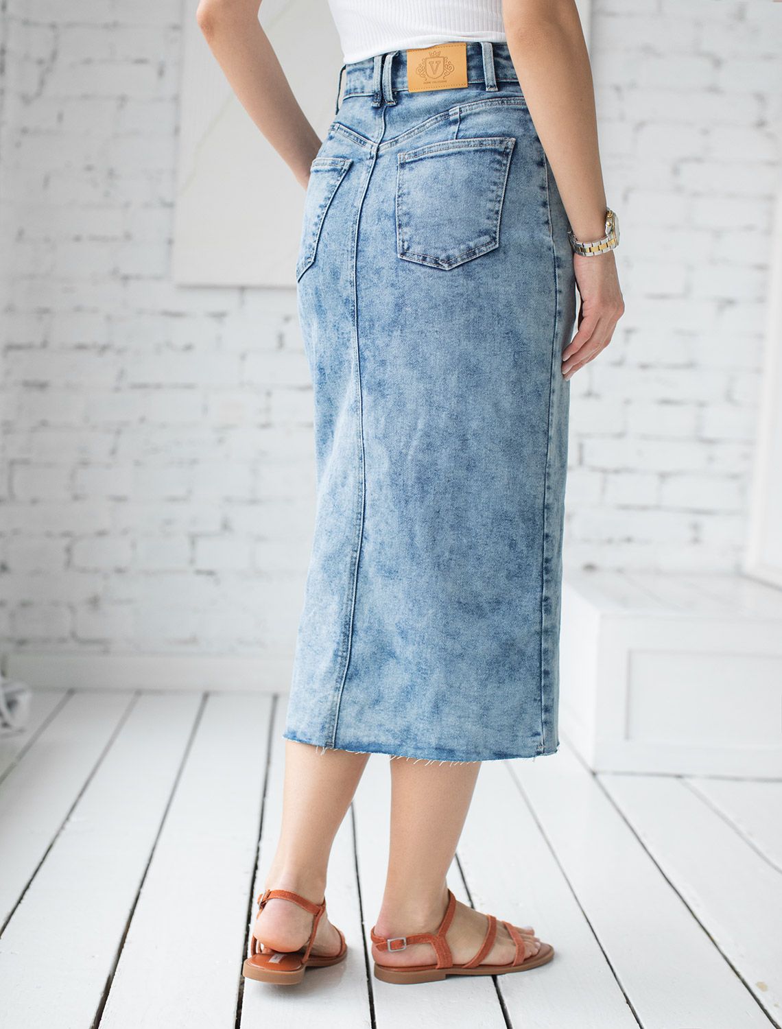 Ст.цена 2490р Юбка на запАх из эластичного денима D56.057 синий