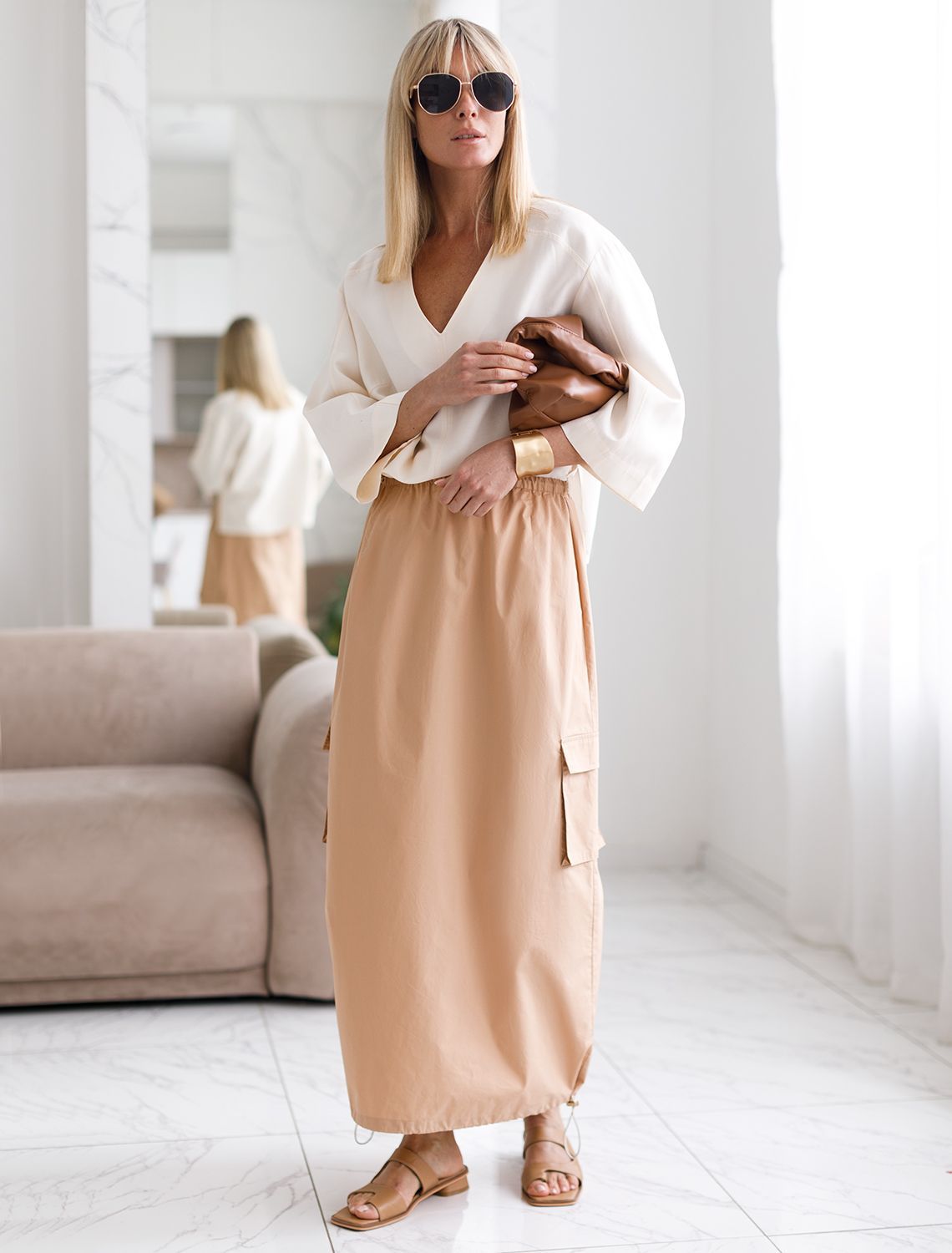 Ст.цена 1990р Юбка карго с кулисой внизу и резинкой на поясе из плотного поплина D26.176 бежевый