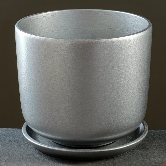Горшок для цветов «Металлик №4», керамический, с поддоном, 3.1 л, d=18 см, серый
