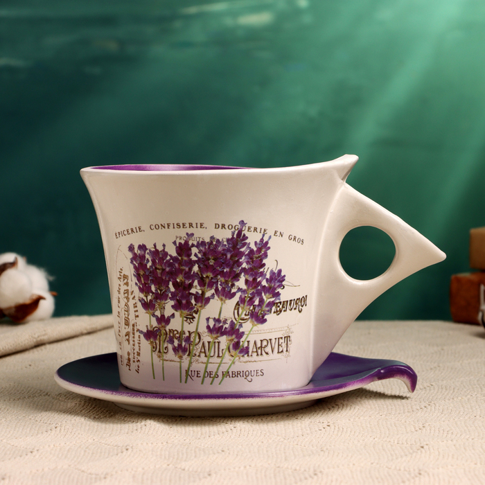 Горшок для цветов «Вильда», 800 мл, 16×12×11 см, керамика, с поддоном, белый, фиолетовый