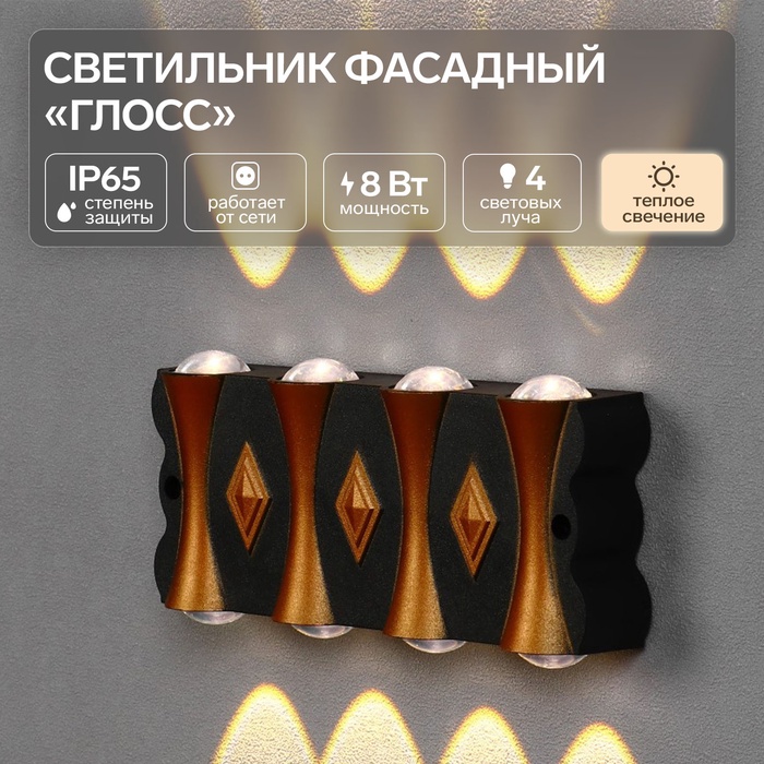 УЦЕНКА Светильник фасадный «Глосс», FSD-044, 8 Вт, 3000К, 4 луча, IP65, 220 В, пластик, черный 100