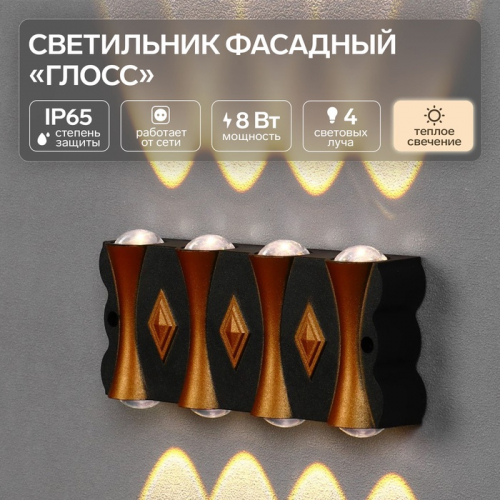 УЦЕНКА Светильник фасадный «Глосс», FSD-044, 8 Вт, 3000К, 4 луча, IP65, 220 В, пластик, черный   100