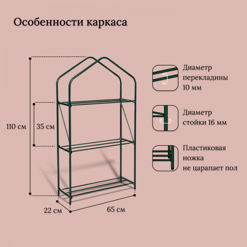 Парник-стеллаж, 3 полки, 110 × 65 × 22 см, металлический каркас d = 16 мм, чехол плёнка толщиной 100 мкм