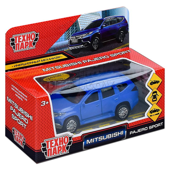Машина металл Mitsubishi pajero sport 12 см, (двери, баг, инер,) синий