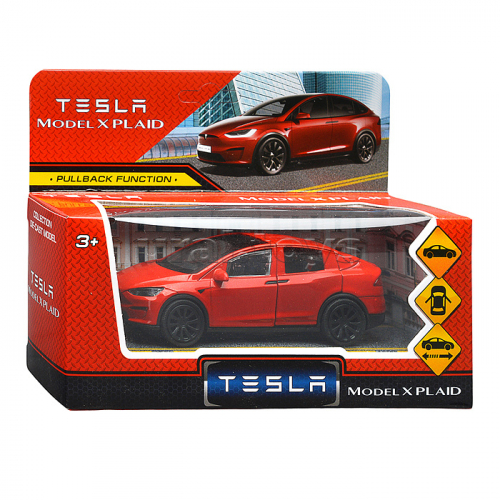Машина металл Tesla model X Plaid 12 см, (откр., двери, красн, ) в коробке