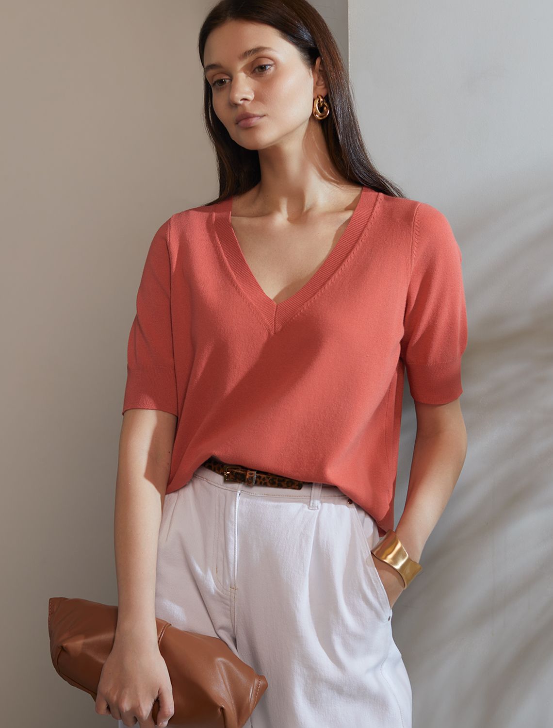 Джемпер тонкой вязки из вискозы с нейлоном D39.355 терракотовый