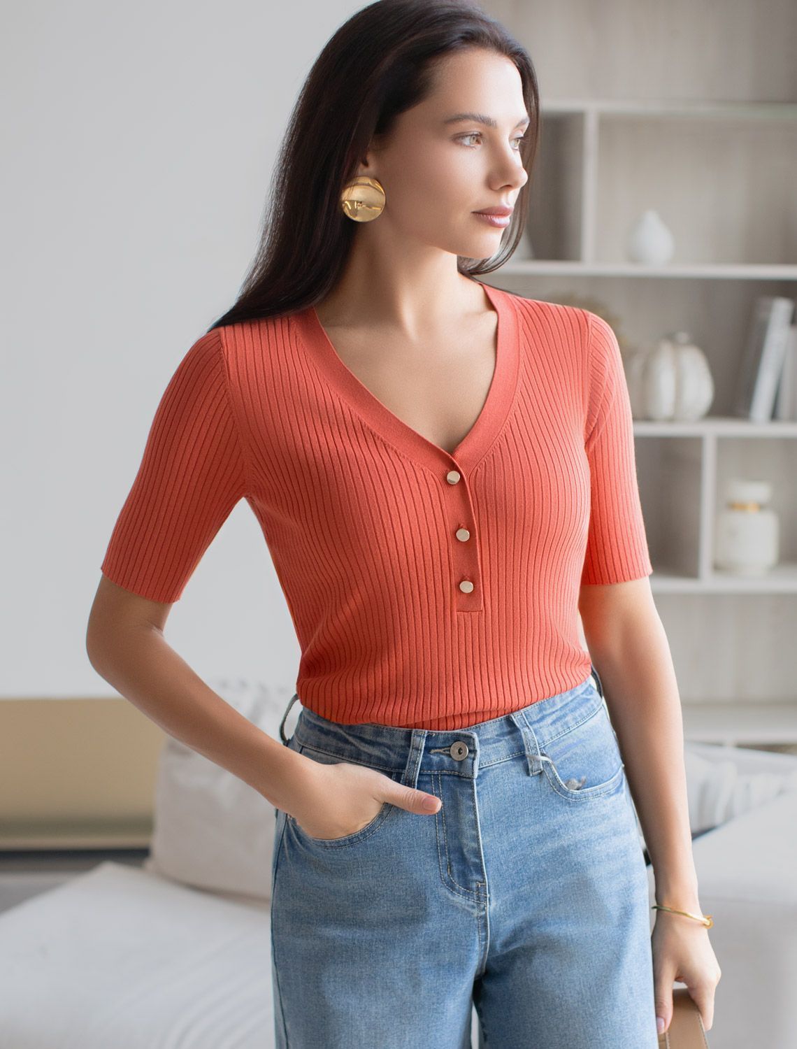 Джемпер тонкой вязки из вискозы с нейлоном D39.337 терракотовый