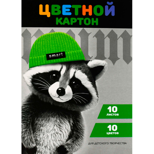 Картон цветной 10 л 10 цвет. Енот в шапочке 69973 в Нижнем Новгороде