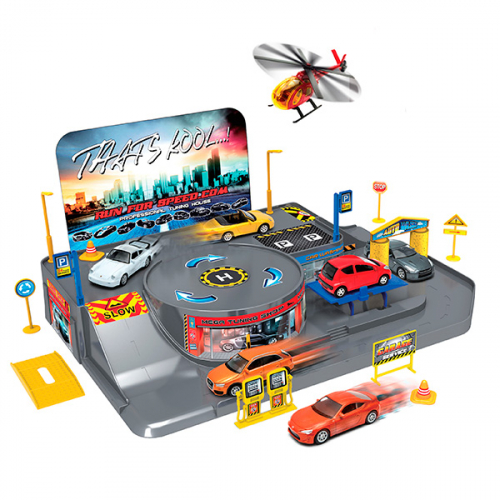 Игрушка игровой набор Гараж,  включает 3 машины и вертолет