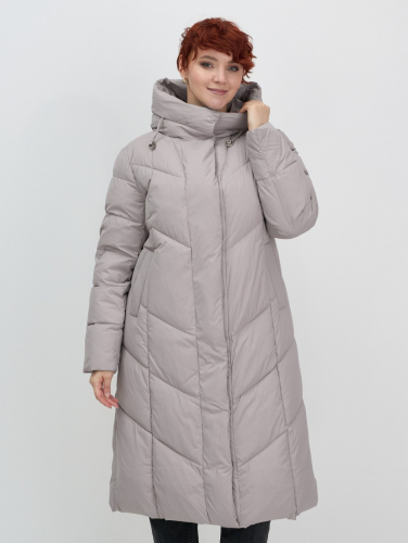 Пальто зимнее утепленное с капюшоном женское серого цвета 7628Sr