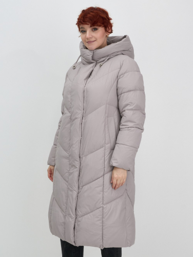 Пальто зимнее утепленное с капюшоном женское серого цвета 7628Sr