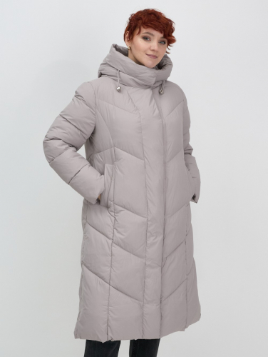 Пальто зимнее утепленное с капюшоном женское серого цвета 7628Sr