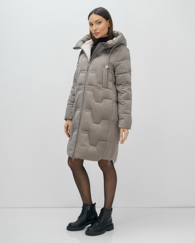 Пальто зимнее утепленное с капюшоном женское серого цвета 7638Sr
