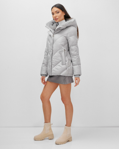 Куртка зимняя женская из овчина стильная и модная серого цвета 7348Sr