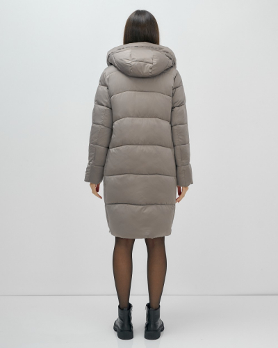 Пальто зимнее утепленное с капюшоном женское серого цвета 7638Sr