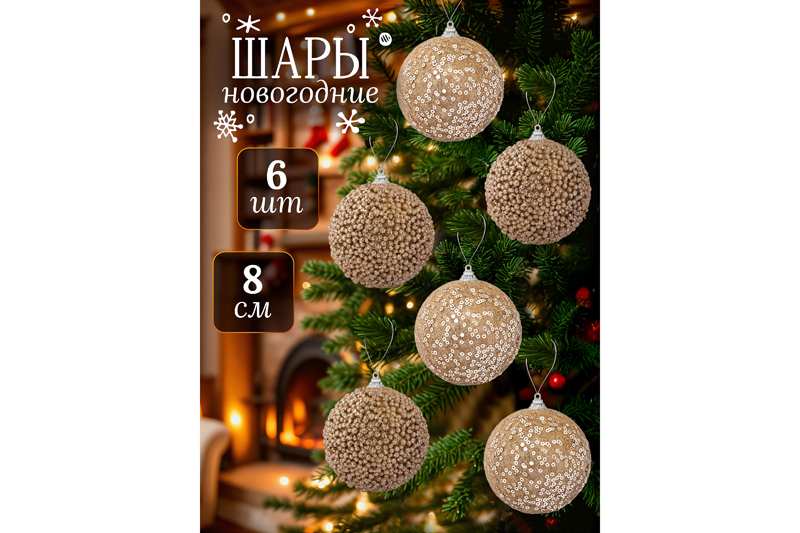 Набор 6 новогодних шаров 8*8 см