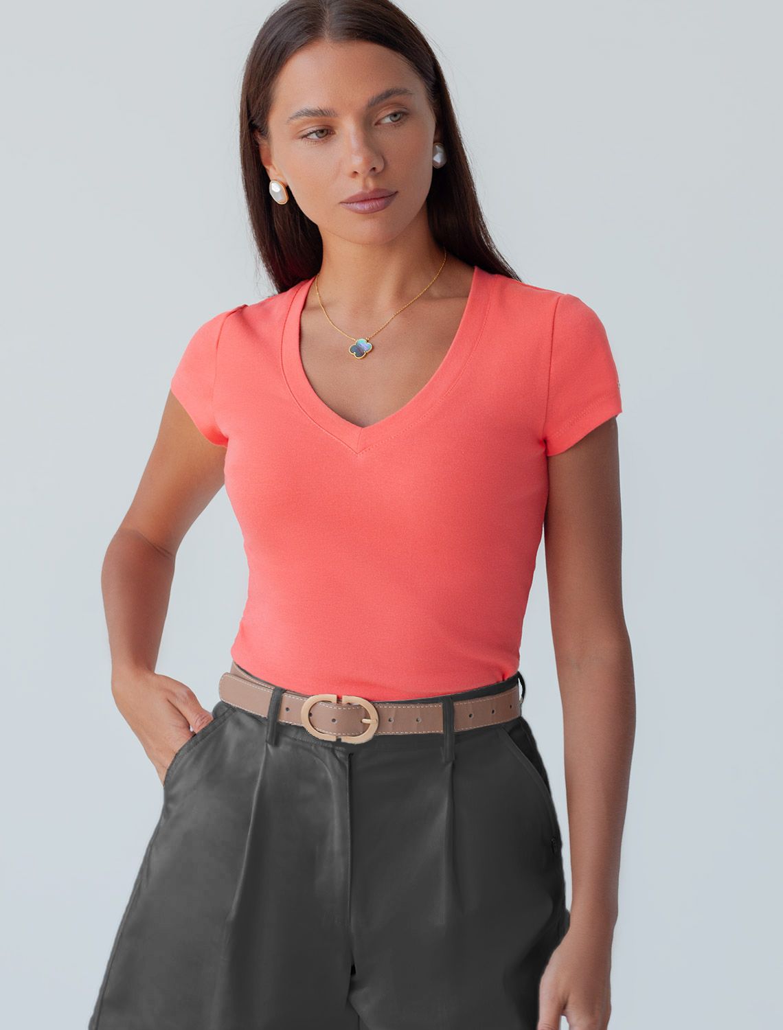 Футболка из плотного трикотажа с плетением риб 1*1 D49.126 розовый коралл