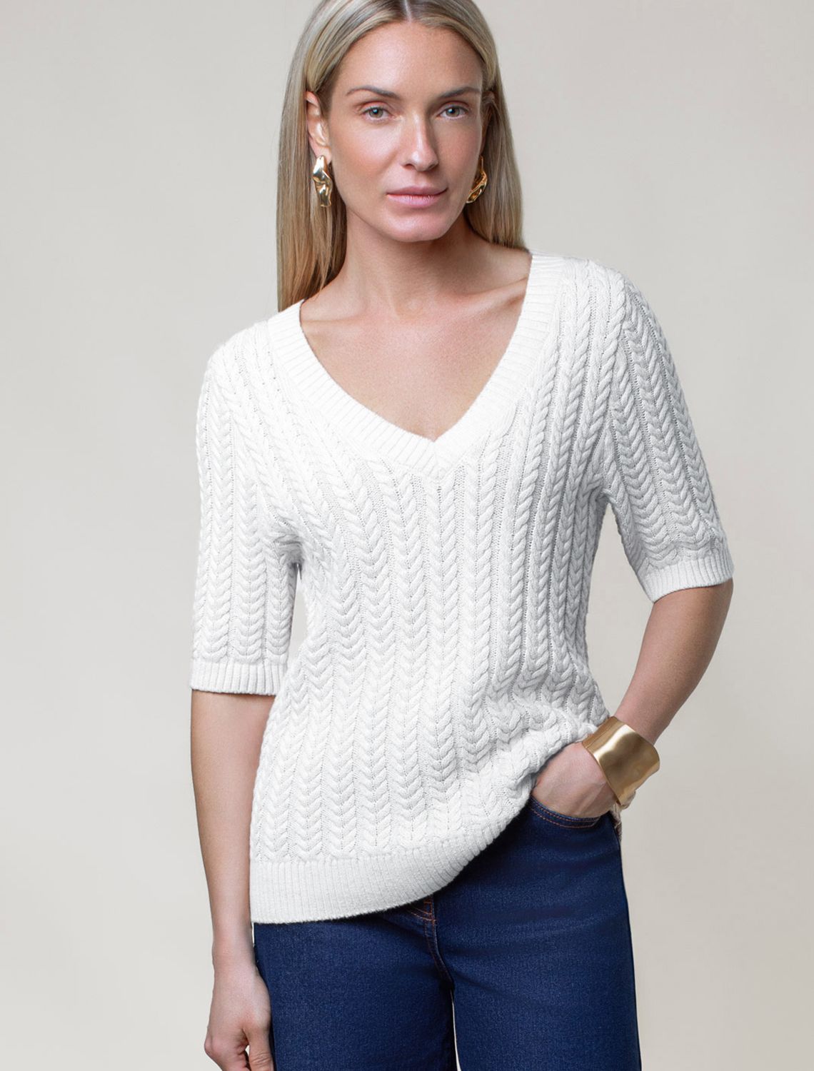 Джемпер фактурной вязки из хлопка с кашемиром D39.349 натуральный белый