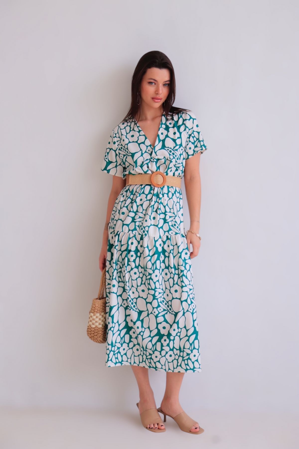 16729 Платье зелёное с белыми цветами