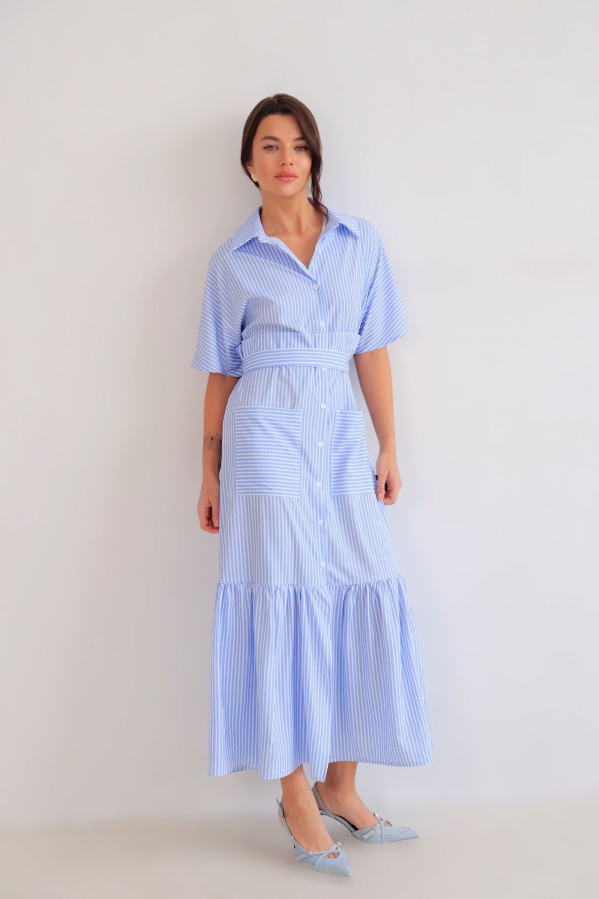 13600 Платье голубое в полоску