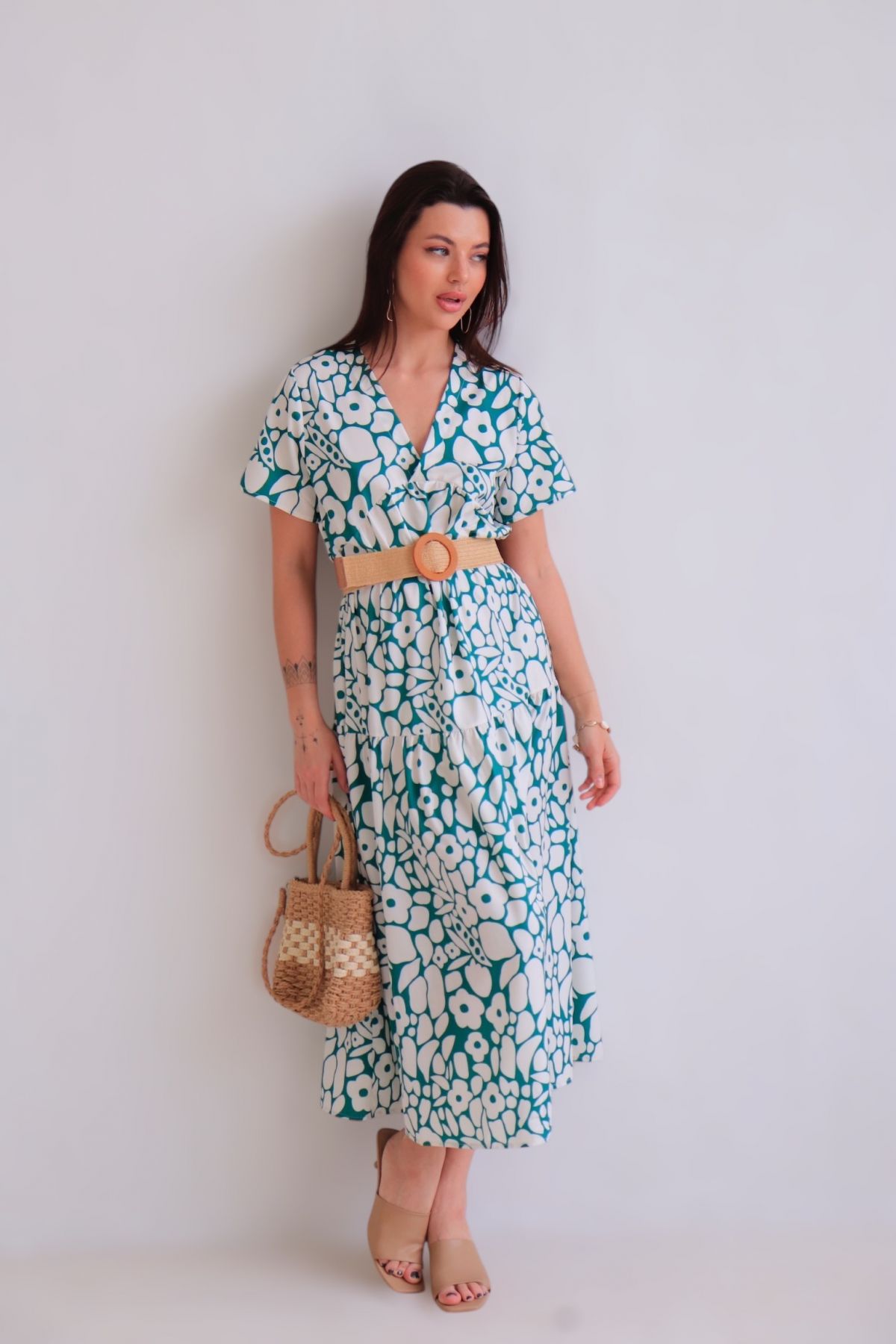 16729 Платье зелёное с белыми цветами