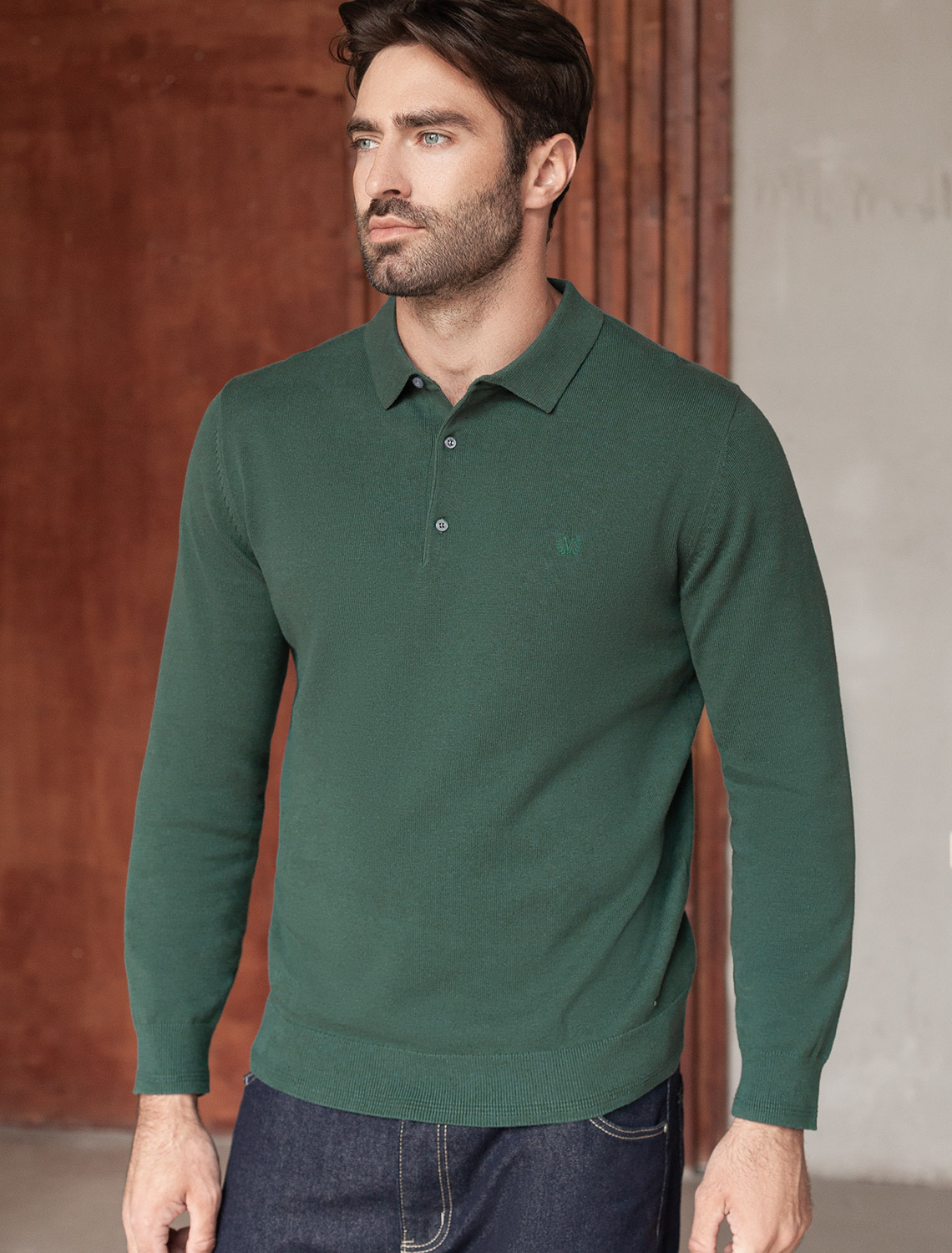 Джемпер-поло из хлопка с нейлоном U39.017 дымчатый зеленый