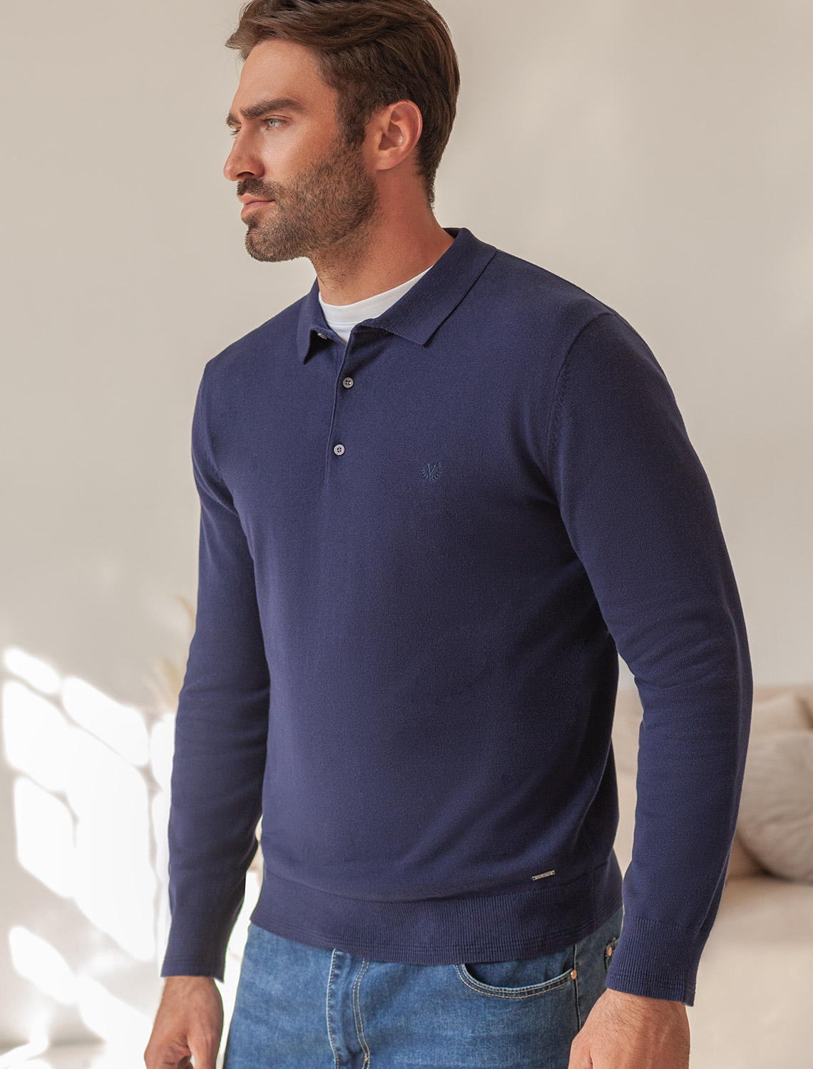 Джемпер-поло из хлопка с нейлоном U39.017 темно-синий