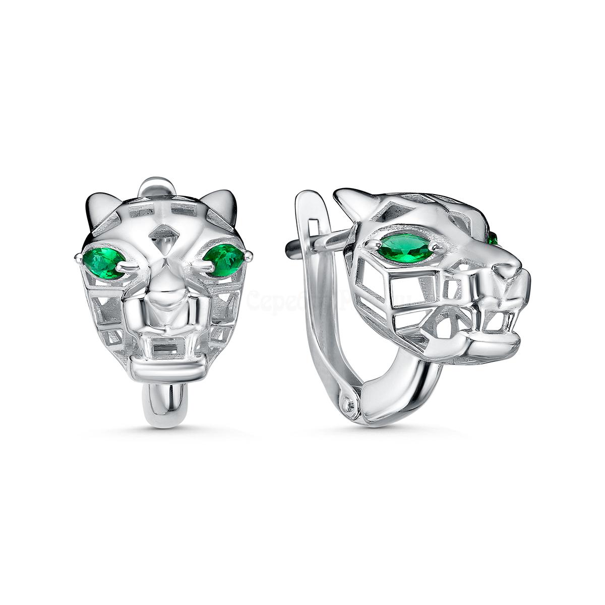 Серьги из серебра с зелёными фианитами родированные 221-10-272р