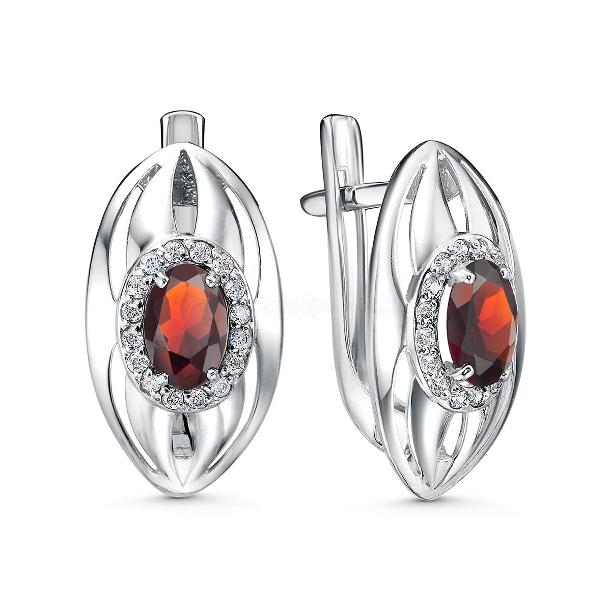 Серьги из серебра с гранатом и фианитами родированные 2-3501-001