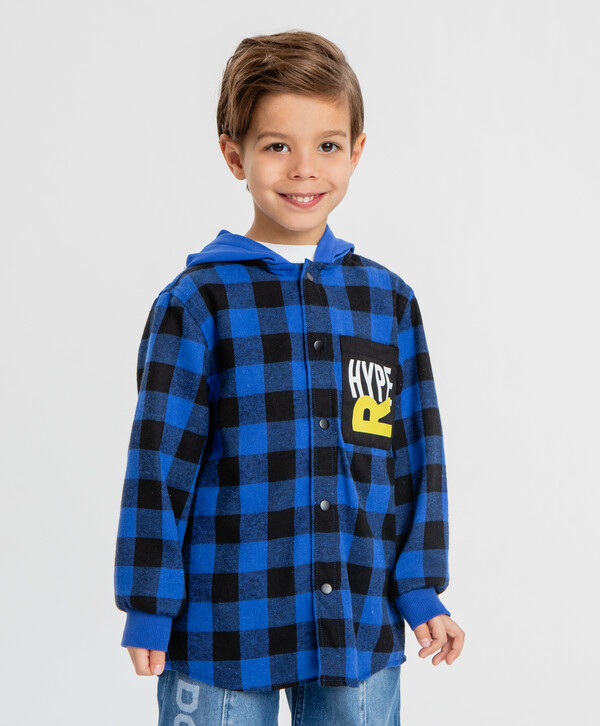 1560 р.  1950 р.  Рубашка фланелевая с капюшоном в клетку синяя для мальчика Button Blue