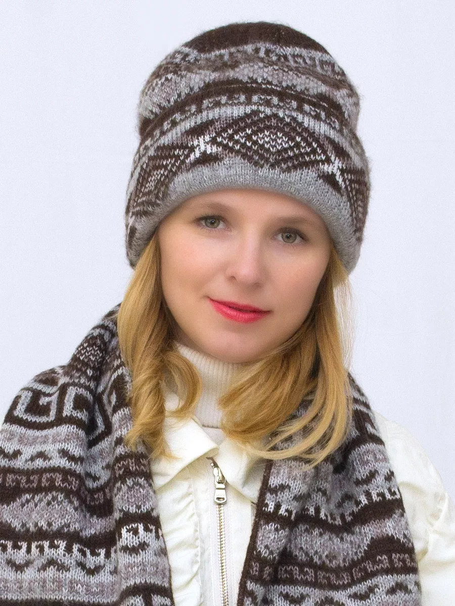 Комплект зимний женский шапка+шарф Зима (Цвет темно-коричневый), размер 56-58, шерсть 30%, мохер 50%