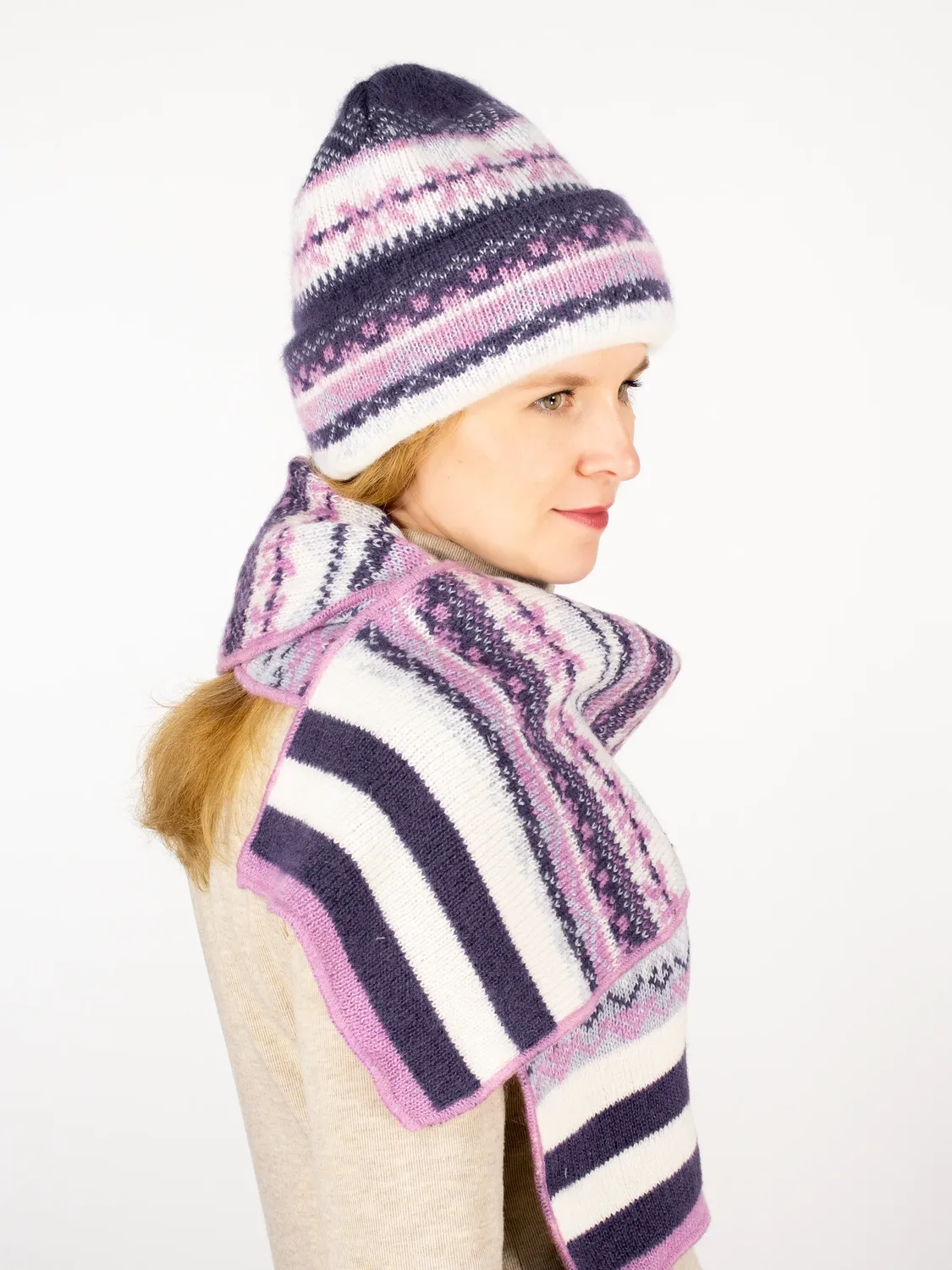 Комплект зимний женский шапка+шарф Дарина (Цвет фиолетовый), размер 56-58, шерсть 50%, мохер 30%