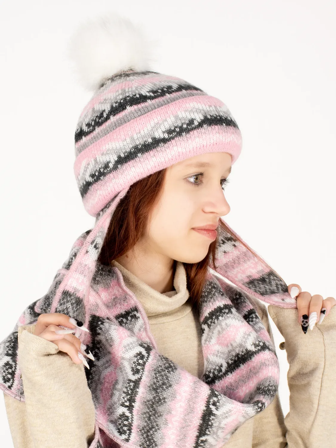Комплект зимний для девочки шапка+шарф Сибирия (Цвет светло-розовый), размер 52-54, шерсть 70%