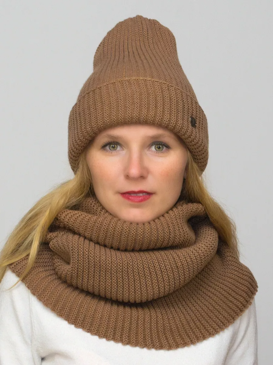 Комплект зимний женский шапка+снуд Аврора (Цвет светло-коричневый), размер 54-56, шерсть 50%