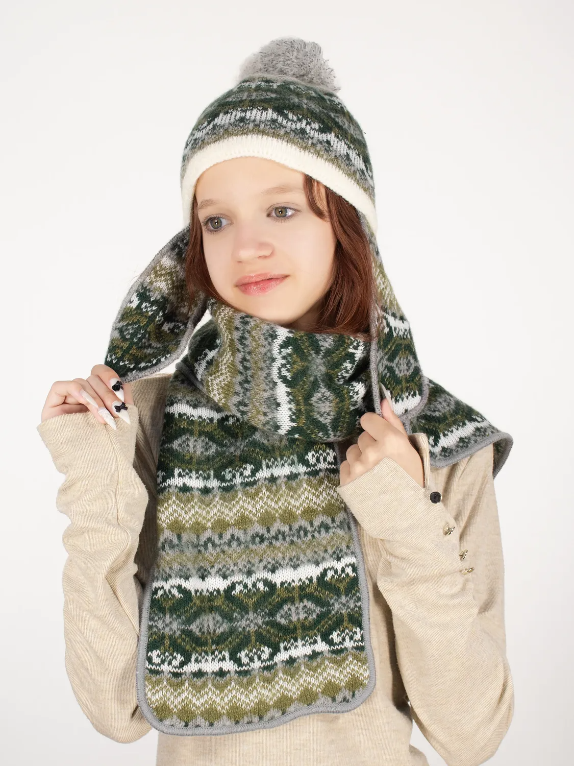 Комплект зимний для девочки шапка+шарф Мурзилка (Цвет болотный), размер 52-54, шерсть 70%