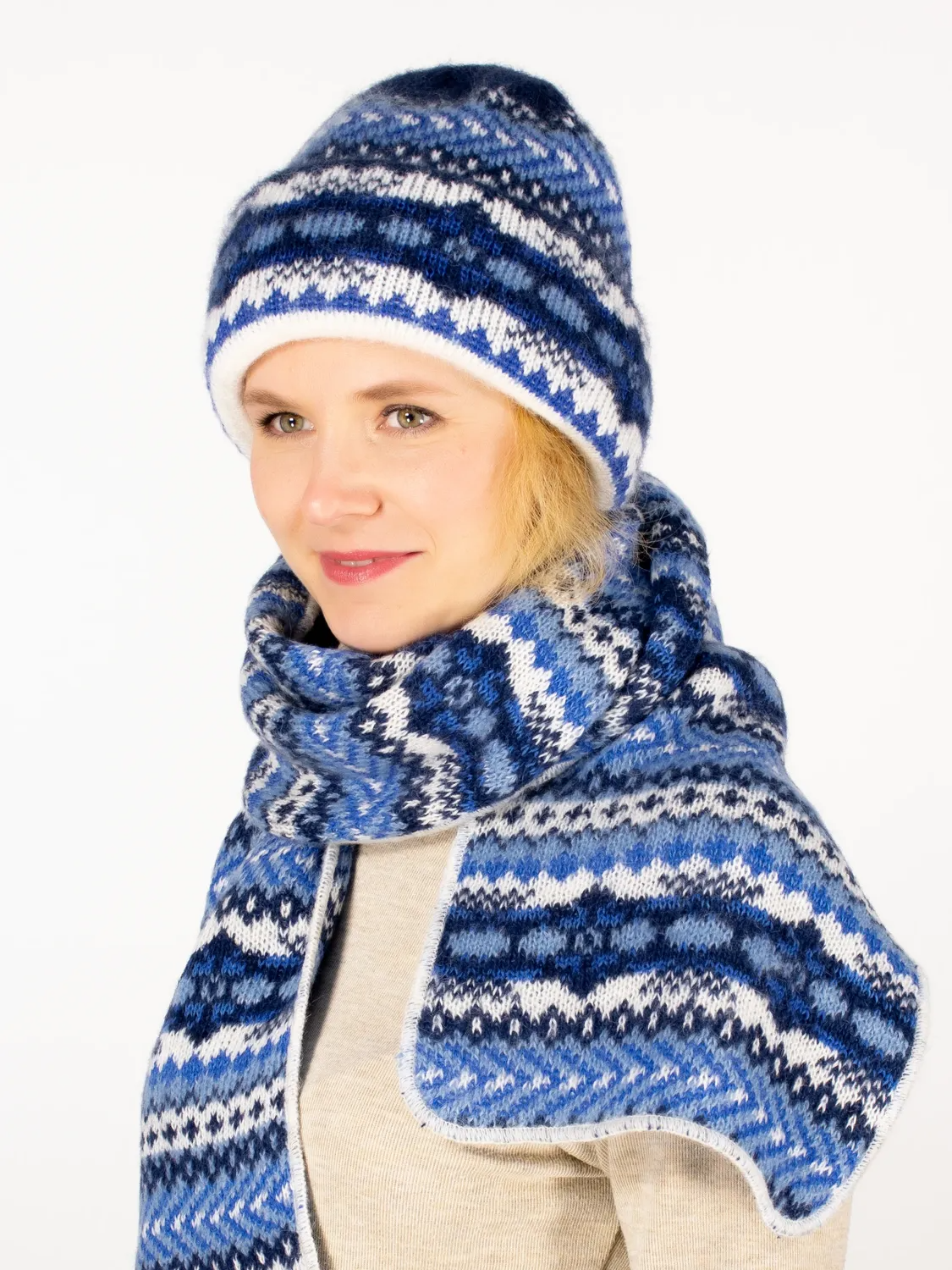 Комплект зимний женский шапка+шарф Дарья (Цвет темно-синий), размер 56-58, шерсть 50%, мохер 30%