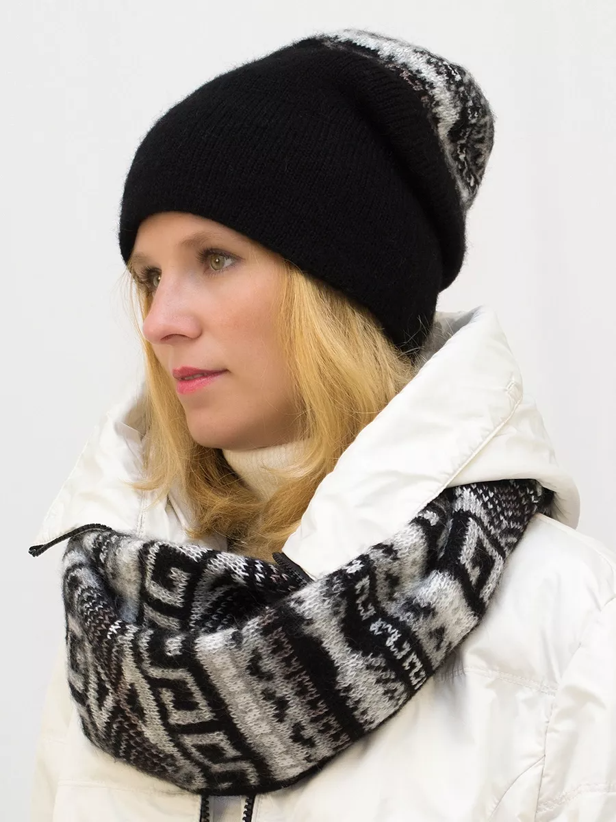 Комплект зимний женский шапка+шарф Зима (Цвет черный), размер 56-58, шерсть 30%, мохер 50%