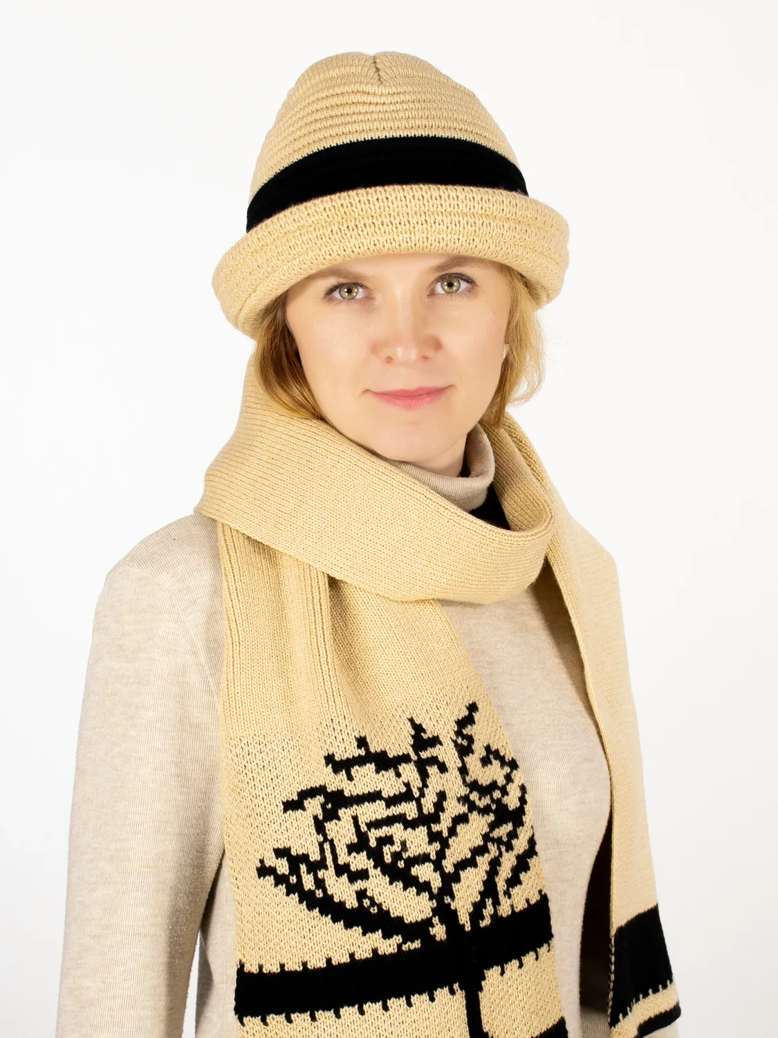 Комплект шляпа+шарф женский весна-осень Wood (Цвет бежевый), размер 54-56, шерсть 30%