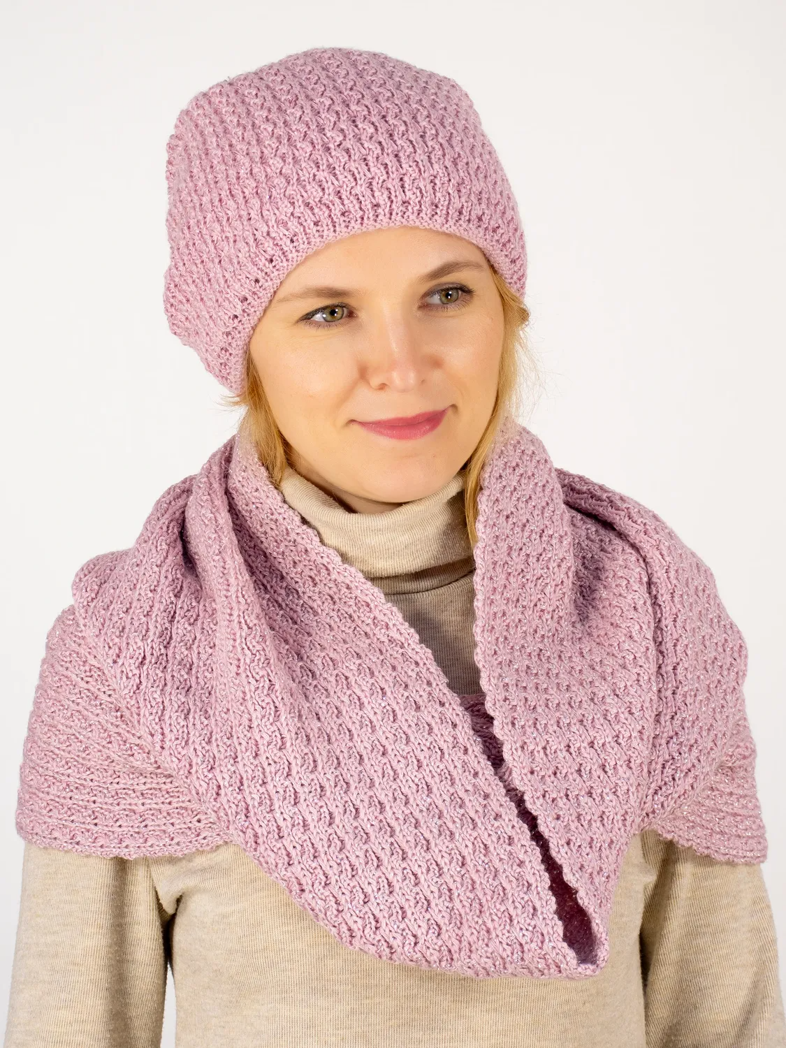 Комплект зимний женский шапка+шарф Матильда (Цвет лавандово-розовый), размер 56-58, шерсть 50%