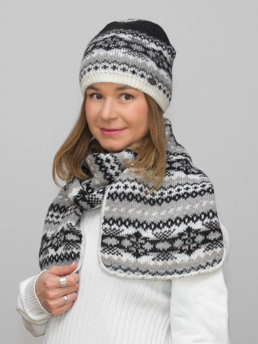 Комплект зимний женский шапка+шарф Анабель (Цвет черный), размер 54-56, шерсть 50%, мохер 30%