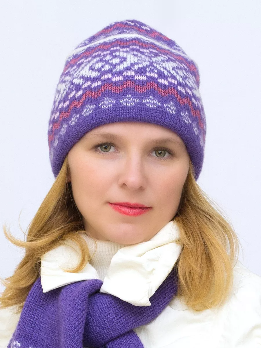 Комплект зимний женский шапка+шарф Узоры (Цвет фиолетовый), размер 54-56, шерсть 50%, мохер 30%