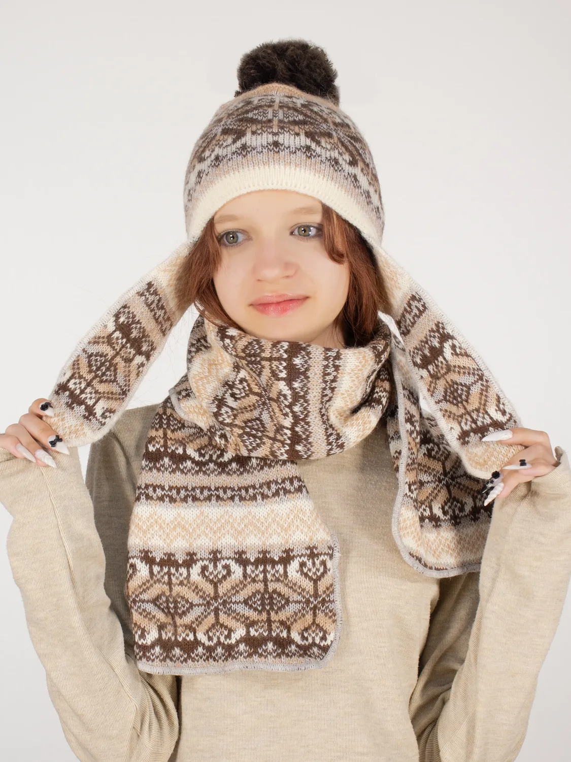 Комплект зимний для девочки шапка+шарф Мурзилка (Цвет светло-коричневый), размер 52-54, шерсть 70%