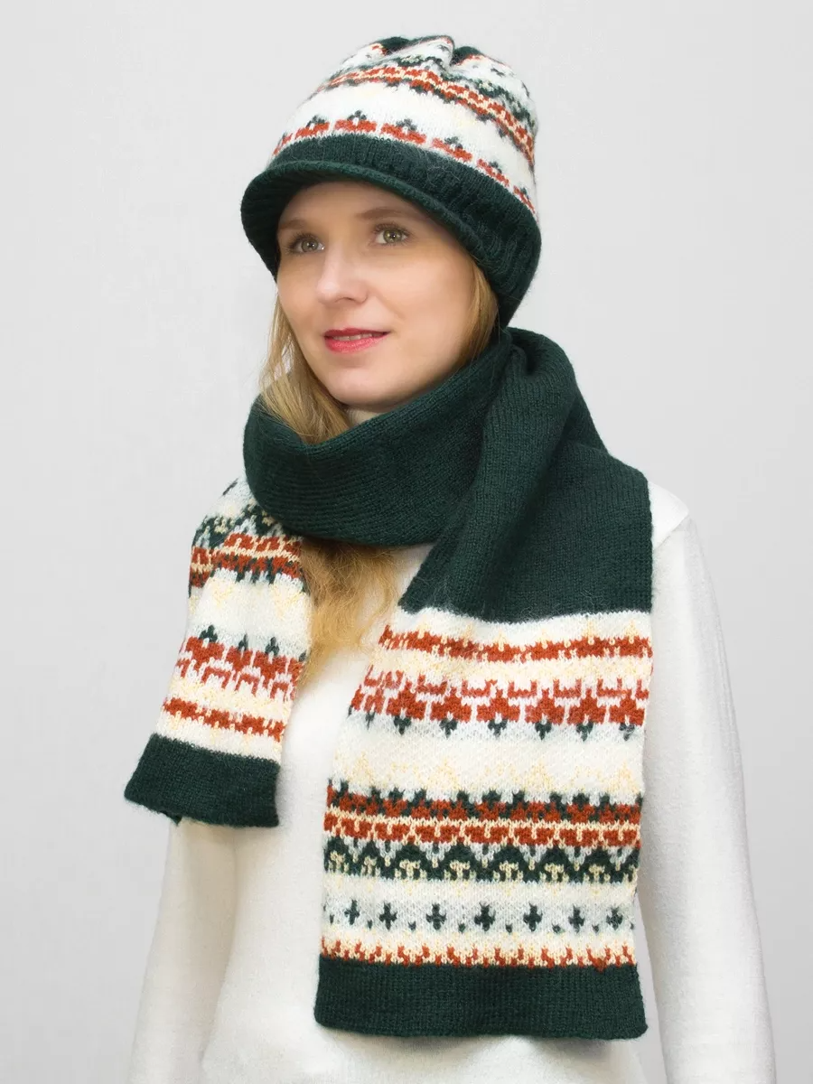 Комплект зимний женский шапка+шарф Милана (Цвет зеленый), размер 54-56, шерсть 80%