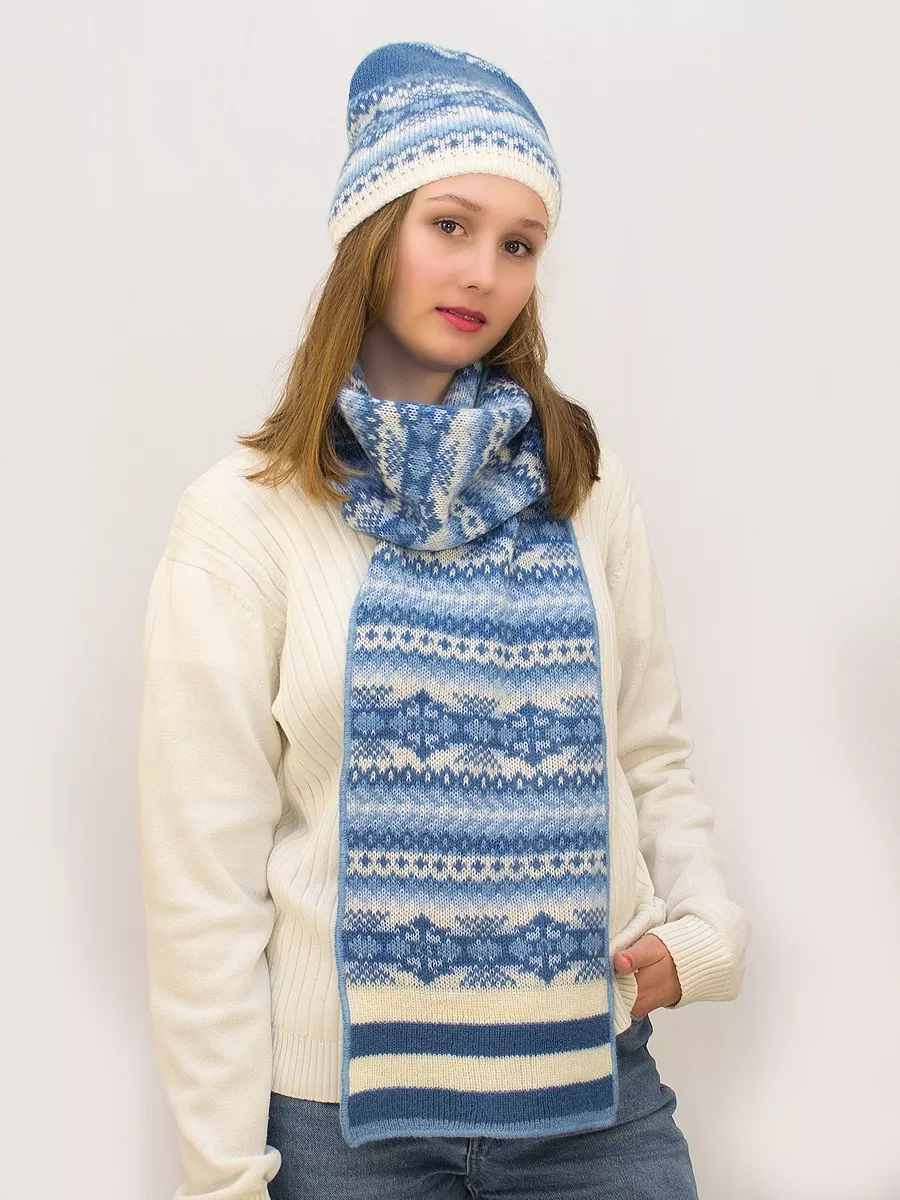 Комплект зимний женский шапка+шарф Анабель (Цвет голубой), размер 56-58, шерсть 50%, мохер 30%