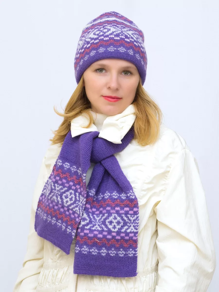 Комплект зимний женский шапка+шарф Узоры (Цвет фиолетовый), размер 54-56, шерсть 50%, мохер 30%