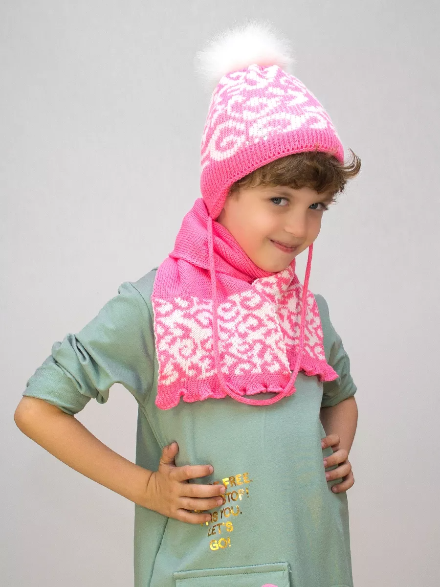 Комплект зимний для девочки шапка+шарф Милочка (Цвет светло-коралловый), размер 48-50, шерсть 30%